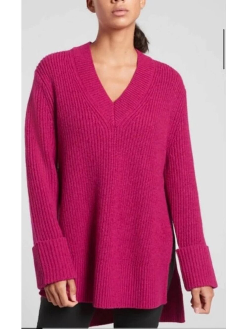 Athleta Shasta V-neck Wool Blend Tunic S Hot Pink Ribbed Knit Athleisure Cozy